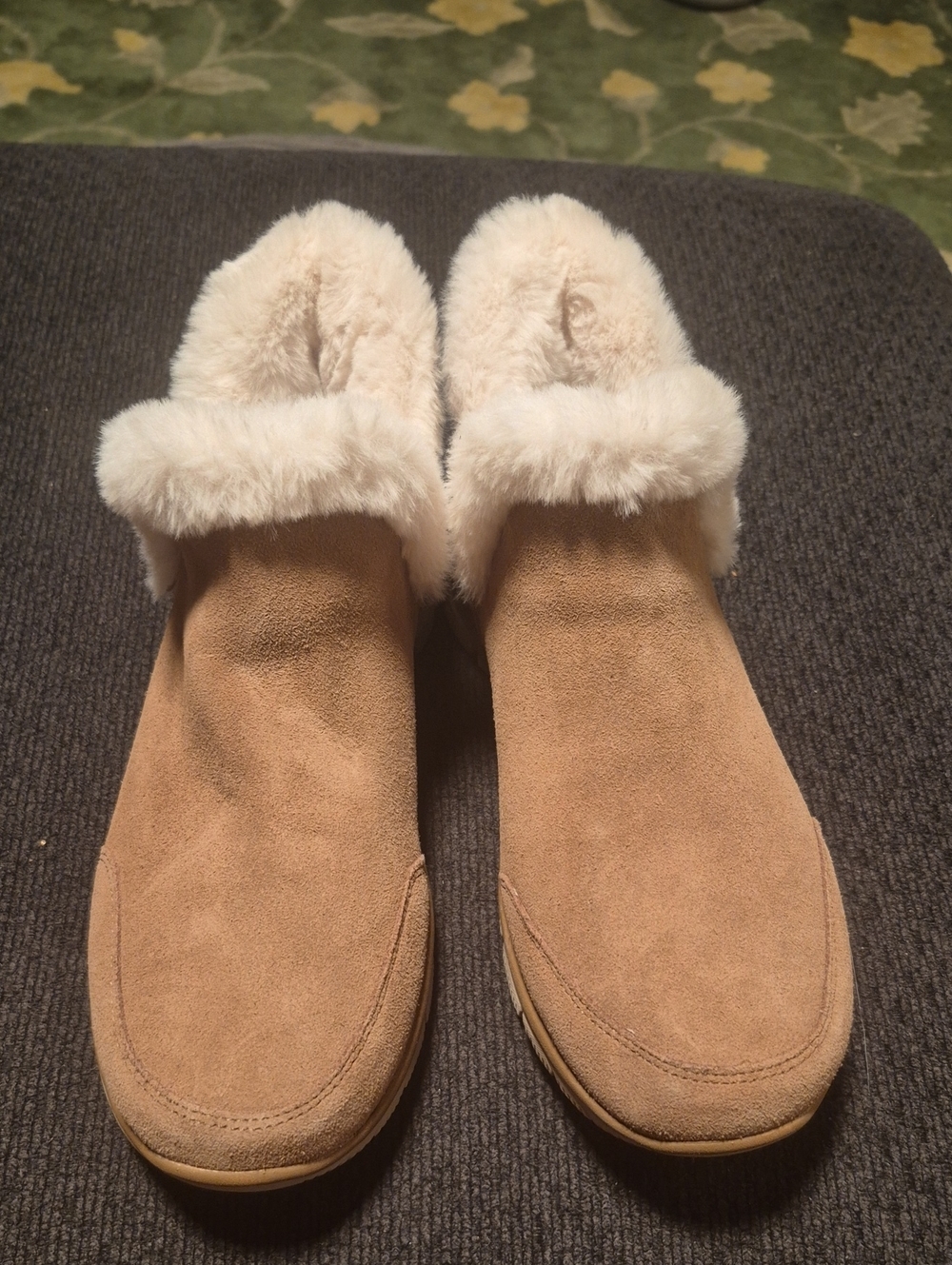 Skechers Tan Suede Faux-Fur Cuffed Women's Slippers